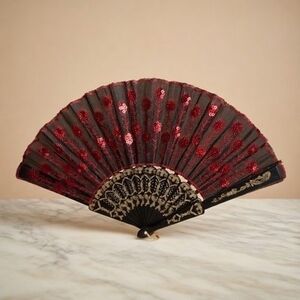 Spanish Black Red Embroidered Sequin Hand Fan 9.5" Artisan Decorative VG